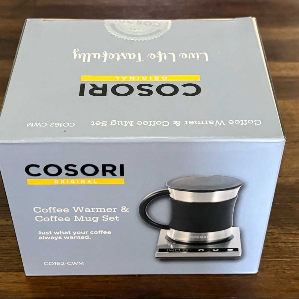New In Box - unsealed- Black and Silver Coffee Warmer & Mug Set